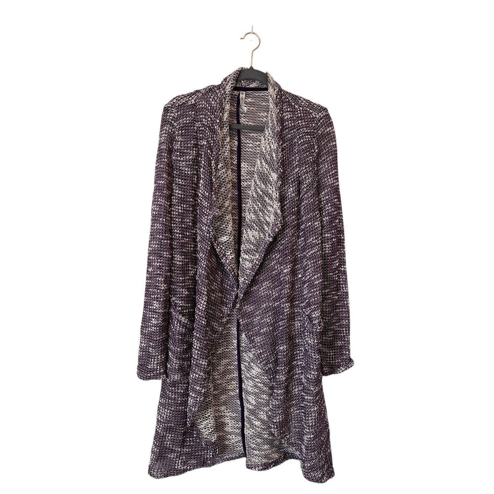 Fabletics Open Front Long Cardigan Sweater Knit White & Purple Size Small